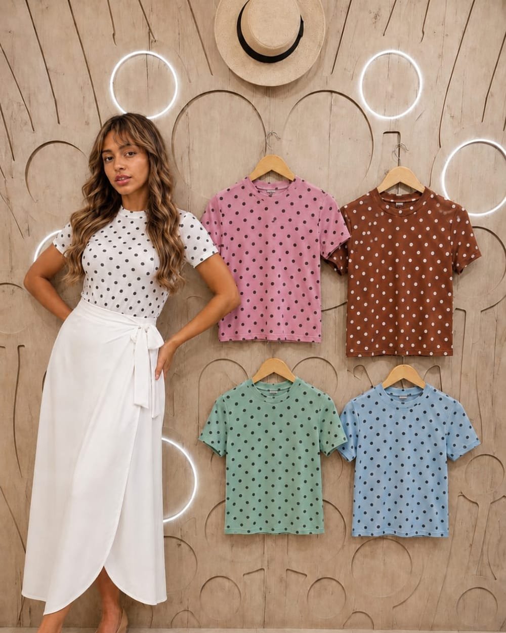 Camisetas estampadas expostas na parede
