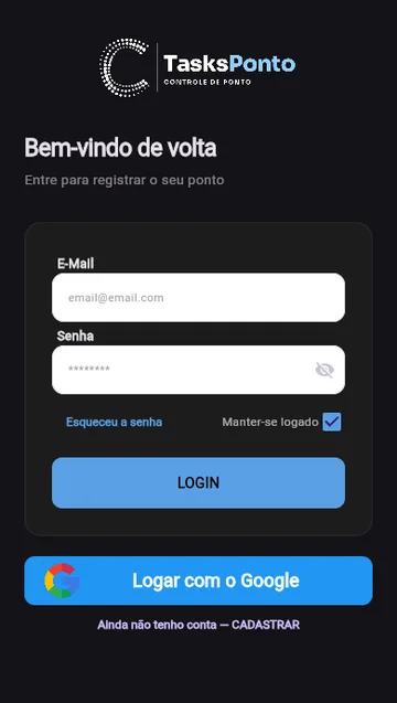 Tela de entrada do aplicativo TasksPonto no celular, em tema escuro