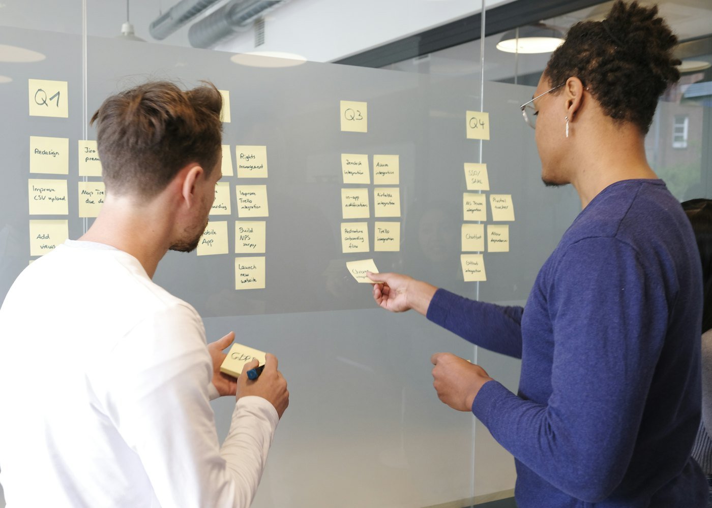 Equipe planejando um sistema com notas adesivas em um quadro